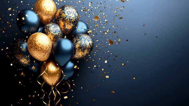 Elegant gold and navy balloons float gracefully against a dark backdrop iridescent confetti swirls around. AI Generated