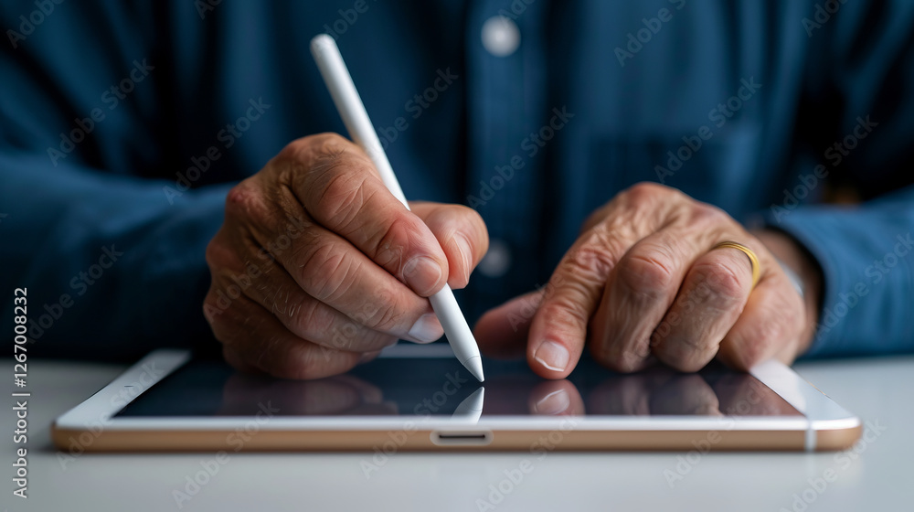 Poster close-up of hands using digital pen: a close-up of a pair of mature hands expertly using a digital p