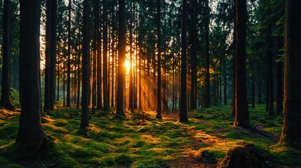 Fototapeta premium Sunlight Filtering Through Tall Trees in a Serene Forest During Dawn with Green Mossy Ground