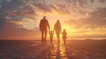 A family of four is walking on the beach