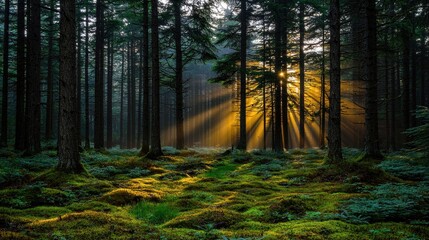 Obraz premium Serene Sunlight Breaking Through Trees in a Misty Forest with Lush Green Underbrush