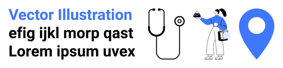 Stethoscope, location pin, person holding a digital gadget. Ideal for healthcare, telemedicine, medical services, online consultations, professional tools, technology flat landing page banner