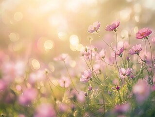 Obraz premium Colorful Spring Flowers with Soft Golden Light, Dreamy Floral Scene with Delicate Blue and White Petals, Lush Greenery, and Gentle Bokeh Background for a Serene Atmosphere