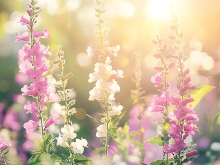 Colorful Spring Flowers with Soft Golden Light, Dreamy Floral Scene with Delicate Blue and White Petals, Lush Greenery, and Gentle Bokeh Background for a Serene Atmosphere