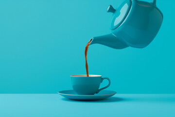 Blue teapot Pouring Coffee into a Cup. Coffee Time Concept. Generative AI