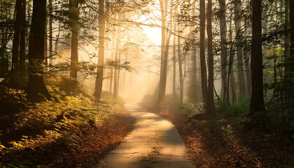 Fototapeta premium Serene forest path bathed in golden morning light. Misty atmosphere creates a magical, peaceful mood. Ideal for travel, nature, or wellness projects. High-resolution image perfect for print or web.