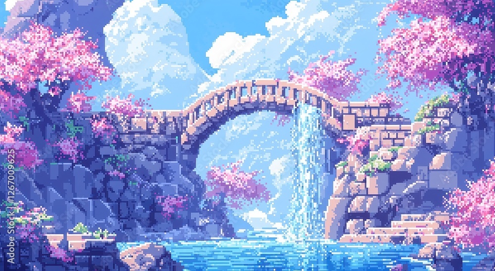Poster pixelated dreamscape, a vibrant and imaginative artwork featuring colorful blocks, creating a whimsi