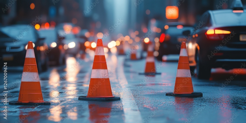 Poster proper cone placement ensuring smooth traffic flow and accident prevention on a busy city intersecti