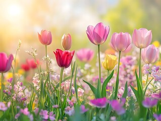 Fototapeta premium Colorful Spring Flowers with Soft Golden Light, Dreamy Floral Scene with Delicate Blue and White Petals, Lush Greenery, and Gentle Bokeh Background for a Serene Atmosphere