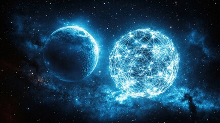 Fototapeta premium Blue spheres in the center of a colorful nebula with a starry night sky and a blue moon