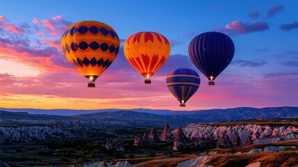 Obraz premium Colorful Hot Air Balloons Flying Over Scenic Landscape at Dusk with Dramatic Sky