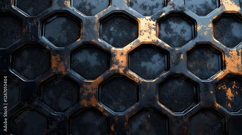 Poster Dark metallic hexagon pattern with bronze accents. Industrial design texture. Macro detail. Abstract Dark Metallic Hexagon Pattern: A 3D Render of Industrial Design
