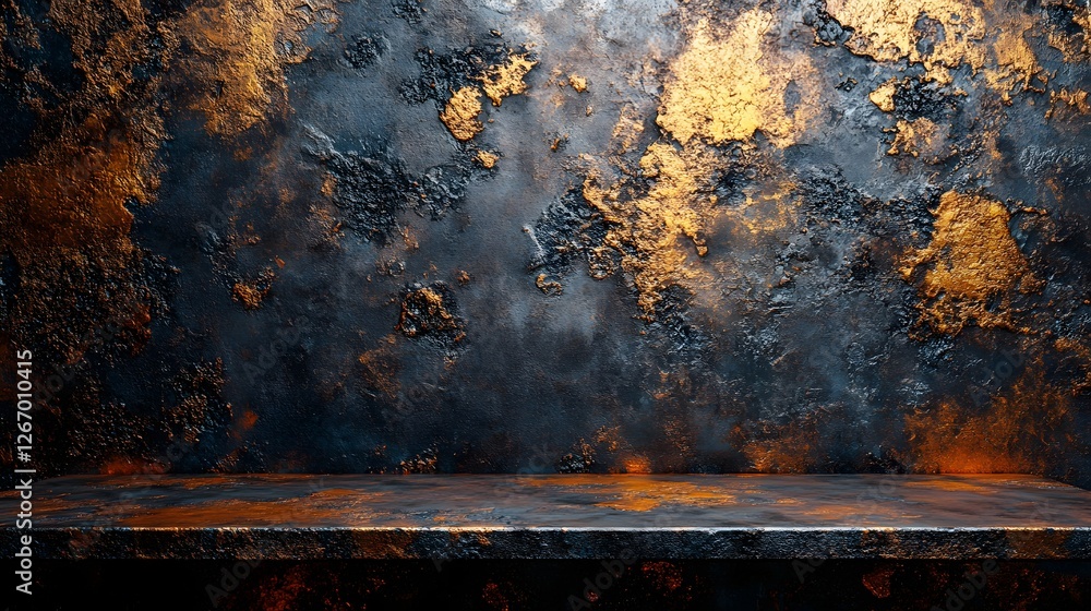 Aufkleber grungy gold and black textured background with a metal shelf. perfect for product displays or design