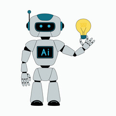 Robot holding light bulb. Ai chat bot assistant generates creative ideas. Robotic artificial intelligence brainstorming. Hand drawn flat cartoon vector illustration isolated on white background.