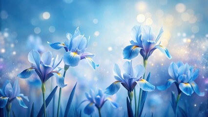 Naklejka premium Serene Blue Irises Blooming in a Magical Garden Setting with Soft Light and Gentle Bokeh