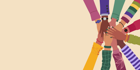 Group of multiracial hands putting together. Concept of teamwork, social movement, partnership, cooperation. Hand drawn vector illustration isolated on light background.Modern flat cartoon style.