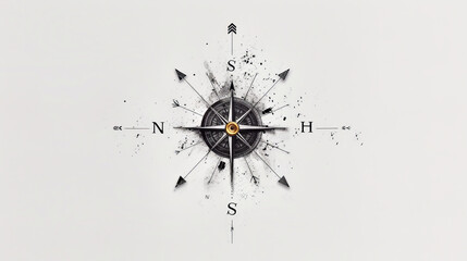 Compass with a Twist: A compass, the ultimate tool for finding your way, sits in a mesmerizing display of fragmented ink splatters, creating a captivating and abstract representation of direction.