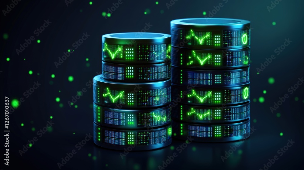 Poster stack of data with green glowing lights on a sustainable technology background for digital concepts