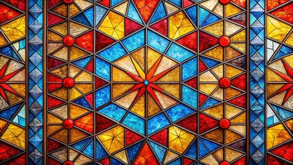 Abstract Colorful Stained Glass Window Art: Red, Yellow, Blue Geometric Design Background Pattern