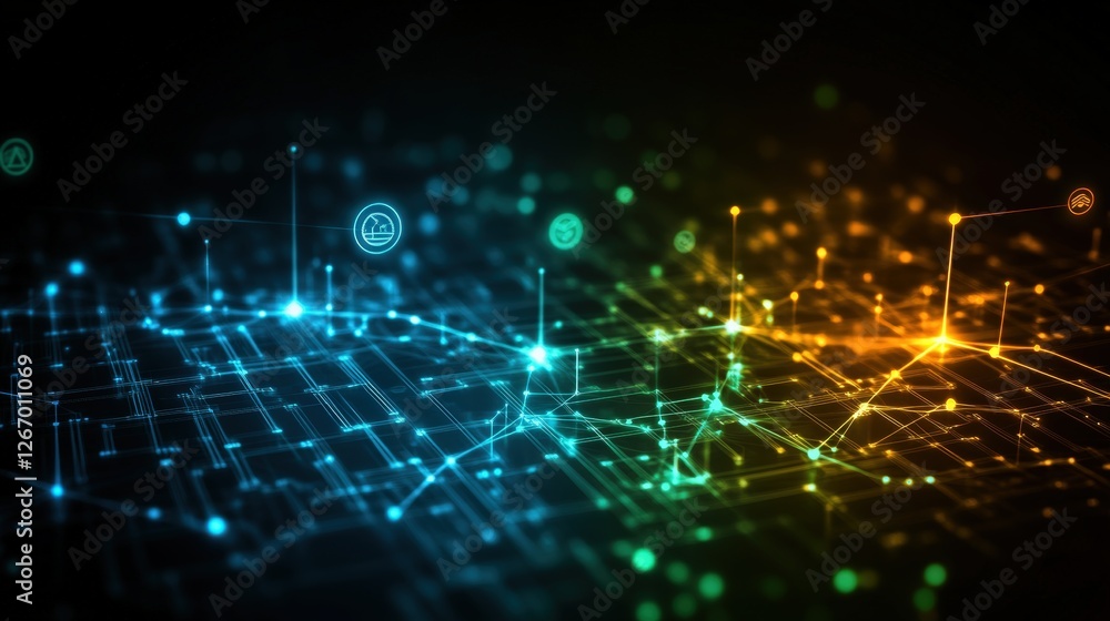 Poster abstract technology background with glowing lines and dots representing sustainable data and connect