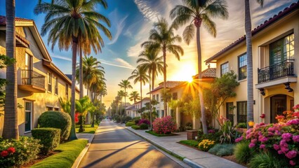 Fototapeta premium Golden Hour Serenity Upscale Residential Street with Lush Landscaping and Palm Trees