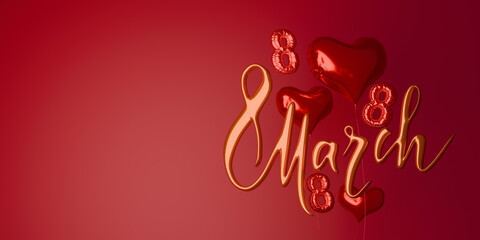 Women's Day background with 3d 8 number, hearts and elegant ribbon. 3d render.