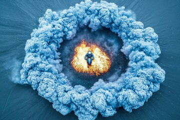 Aerial View of Motorcyclist Riding Through a Ring of Fire and Smoke