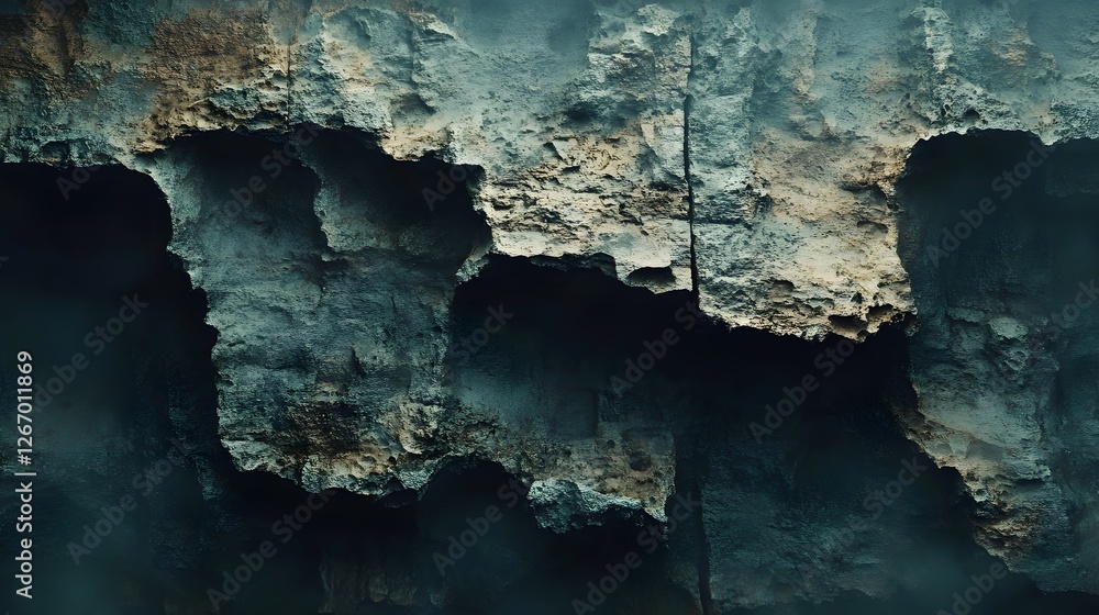 Poster Close-up view of a rugged rock structure with a dark teal and gold color scheme. Its abstract design creates a mysterious and atmospheric scene. Macro detail. Enigmatic Rock Formation