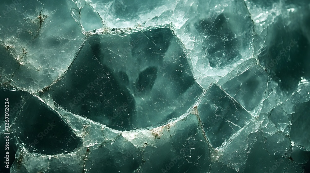 Poster Close-up image of a teal crystal showcasing intricate details and geometric patterns. Macro detail. Teal Crystal Macro Photography: A Deep Dive into Geometric Mineral Structure