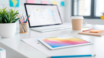 Digital Workspace: A modern and minimalist workspace with a laptop, tablet, coffee cup, and office supplies. It captures the essence of modern work and digital lifestyle.