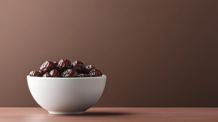 A striking bowl holds an abundance of rich, glossy dates, perfect for breaking fast during Ramadan, inviting a moment of shared joy and reflection