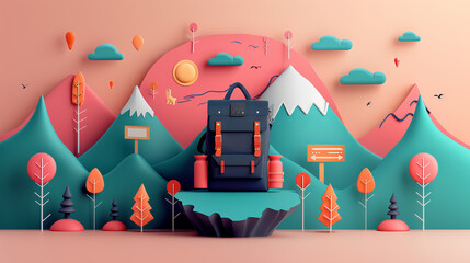 Adventure Awaits: A black and red backpack stands ready for an exciting adventure in a whimsical, paper-crafted landscape, showcasing the spirit of travel and exploration.