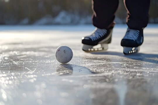 Close-up of a bandy ball on a frozen lake with a player wearing ice skates getting ready for the face-off