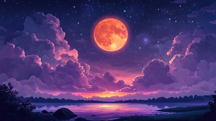 A vibrant sunset scene with a large orange moon illuminating a tranquil lake surrounded by clouds