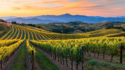 Fototapeta premium Scenic Vineyard Landscape with Rows of Grapevines and Beautiful Sunset Over Rolling Hills