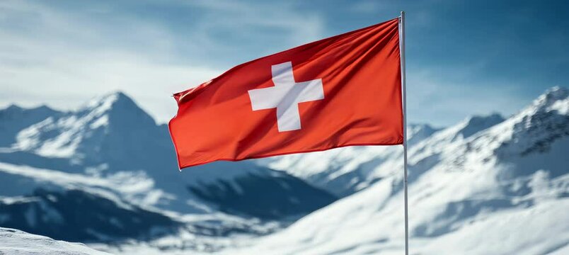 Waving Swiss flag on pole with snow mountain landscape view. Country independence day concept. Generative video AI technology. - Powered by Adobe
