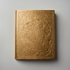 A golden book with an embossed cover, resting on a white backdrop.
