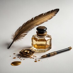 A golden quill and inkwell set elegantly against a pure white background.