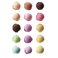 Delightful assortment of colorful ice cream scoops arranged in grid, showcasing various flavors like cho te, strawberry, and mint. Perfect for dessert lovers
