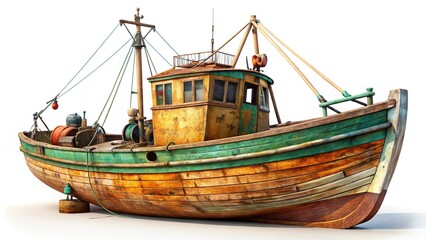 Classic Wooden Fishing Boat, Isolated on White Background - Nautical Vessel Stock Photo