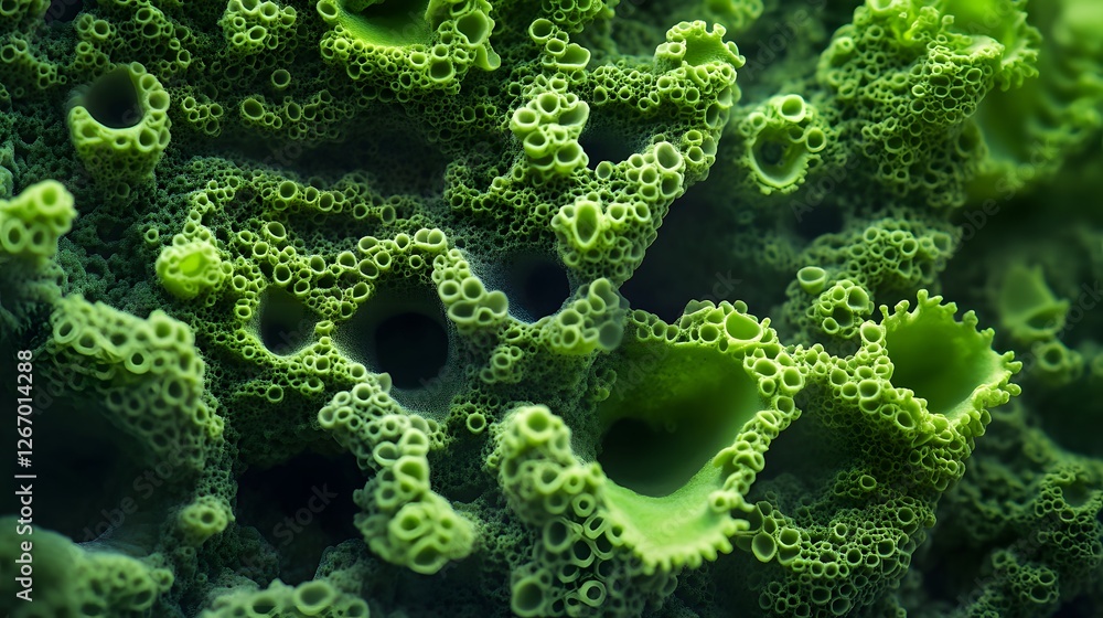 Poster close-up view of an abstract green cellular structure intricate details and organic forms. a vibrant