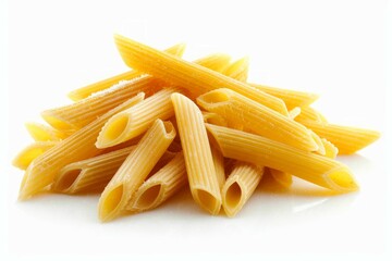Fototapeta premium Pile of raw penne pasta on white background. AI image