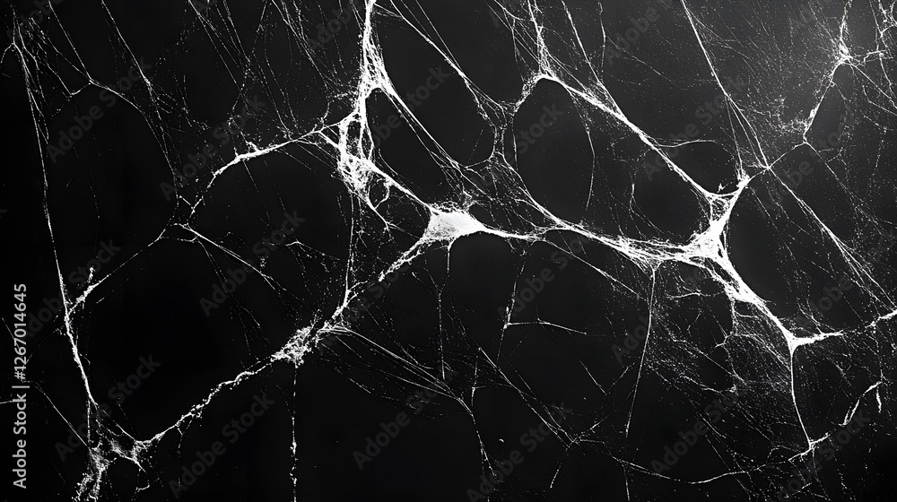 Poster Close-up of a spiderweb against a dark backdrop. Intricate details and textures are visible. Monochrome aesthetic Macro detail. Intricate Spiderweb on Black Background: A Monochrome Masterpiece