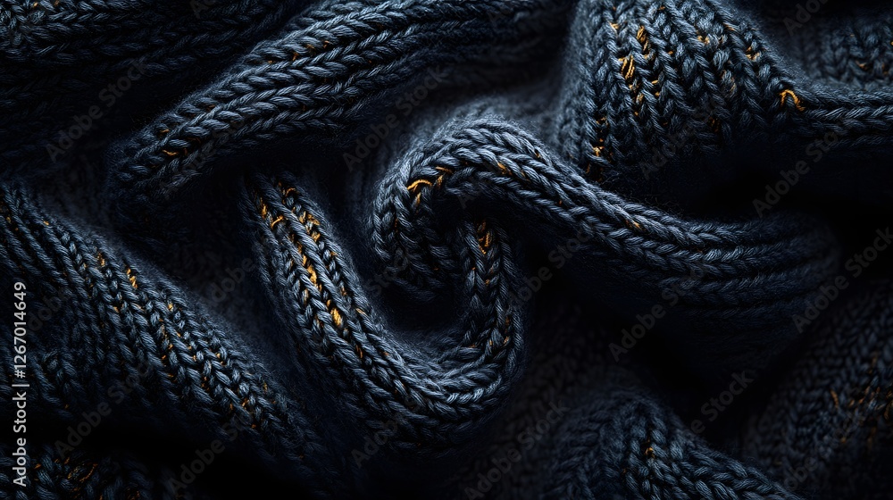 Poster Close-up view of a dark blue knitted fabric with subtle golden threads. The texture is soft and inviting. Macro detail. Dark Blue Knitted Fabric Texture: A Luxurious and Warm Textile