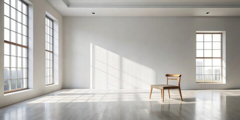 Fototapeta premium Empty room with sunlight streaming through large windows and a single chair