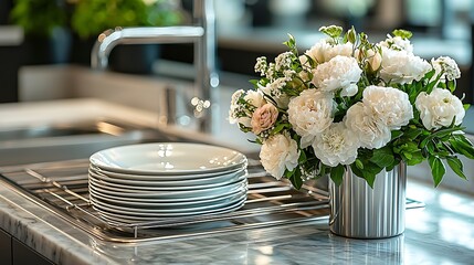 Modern kitchen, clean plates, flower bouquet, marble counter, home decor