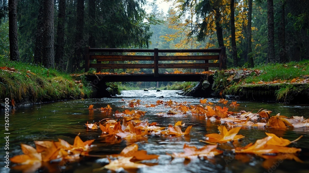 Aufkleber serene autumn landscape with bridge overflowing stream surrounded by colorful leaves and trees