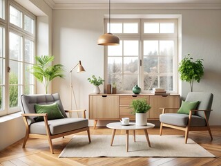 Fototapeta premium Cozy Scandinavian Living Room: Modern Armchair & Wooden Sideboard near Window