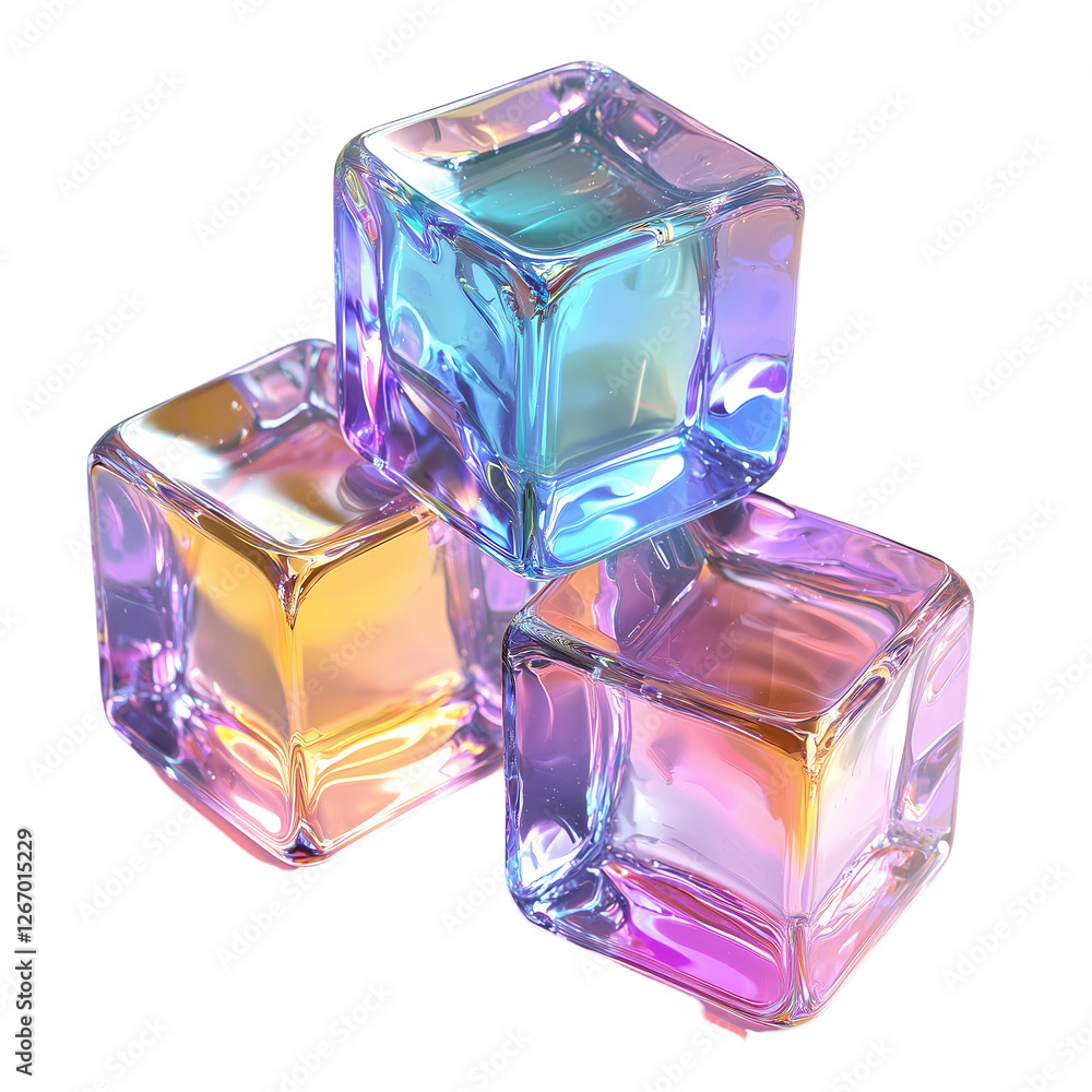 Poster iridescent glass cubes abstract background design 3d art gems blue isolated on trnasparent backgroun