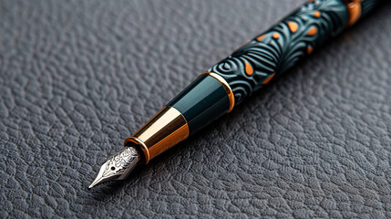 Intricate Fountain Pen: A close-up shot of an elegant fountain pen with intricate engravings, showcasing its intricate details. The pen is dark green with gold accents.
